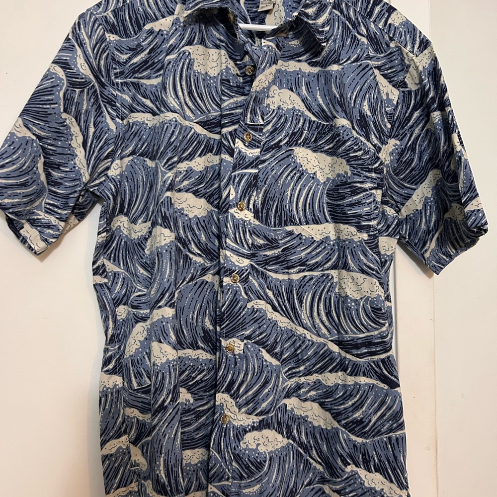 Hawaiian Wave Print Men's Casual Shirt Honolulu ocean sea tropical Hawaii sz L